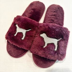 PINK Victoria Secret Slippers Women's‎ Large Purple Silver Glitter Dog Furry